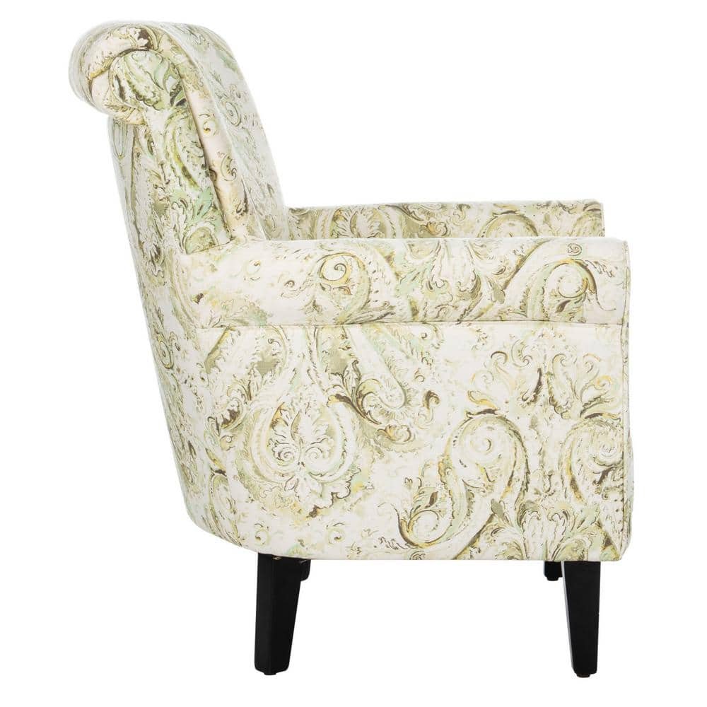 Contemporary Floral Green Linen-Blend Wood Accent Chair