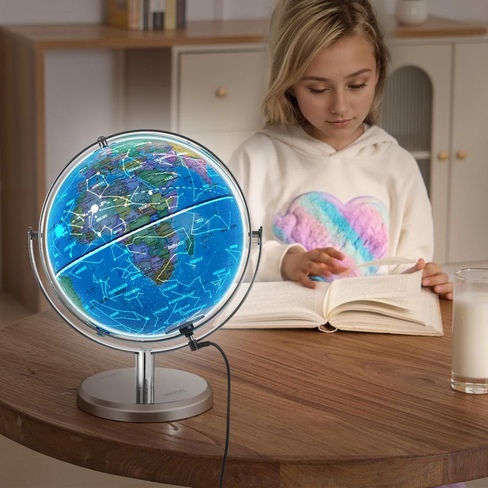 VEVOR Illuminated World Globe with Stand 12.6 in. x 9 in. 228.6 mm Educational Globe with Metal Base and LED Light for Kids