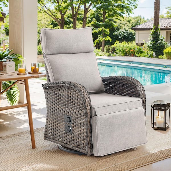 Rotavia Reclining 1-Piece Wicker Outdoor 362° Swivel Recliner with Beige Cushions, Adjustable Backrest, Footrest