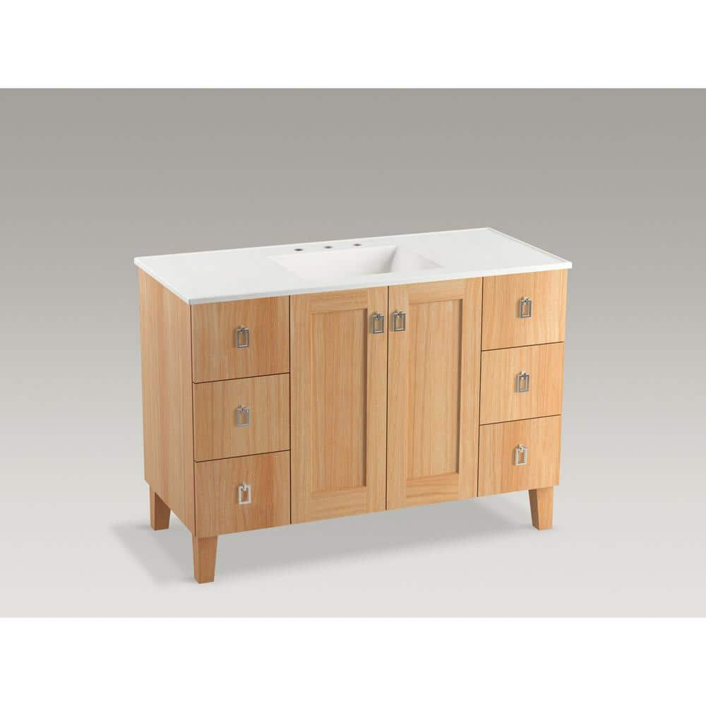 Kohler Poplin 48 In W Vanity Cabinet In Khaki White Oak With Vitreous China Vanity Top In White Impressions With Basin 99535lgsd1wfg81 The Home Depot