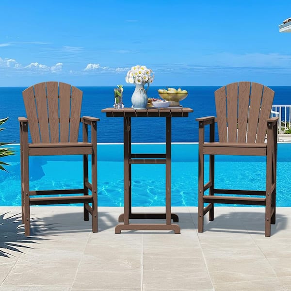 3-Piece Brown Adirondack Patio Bar Plastic Outdoor Dining Set-Bar Height Stool and Chairs