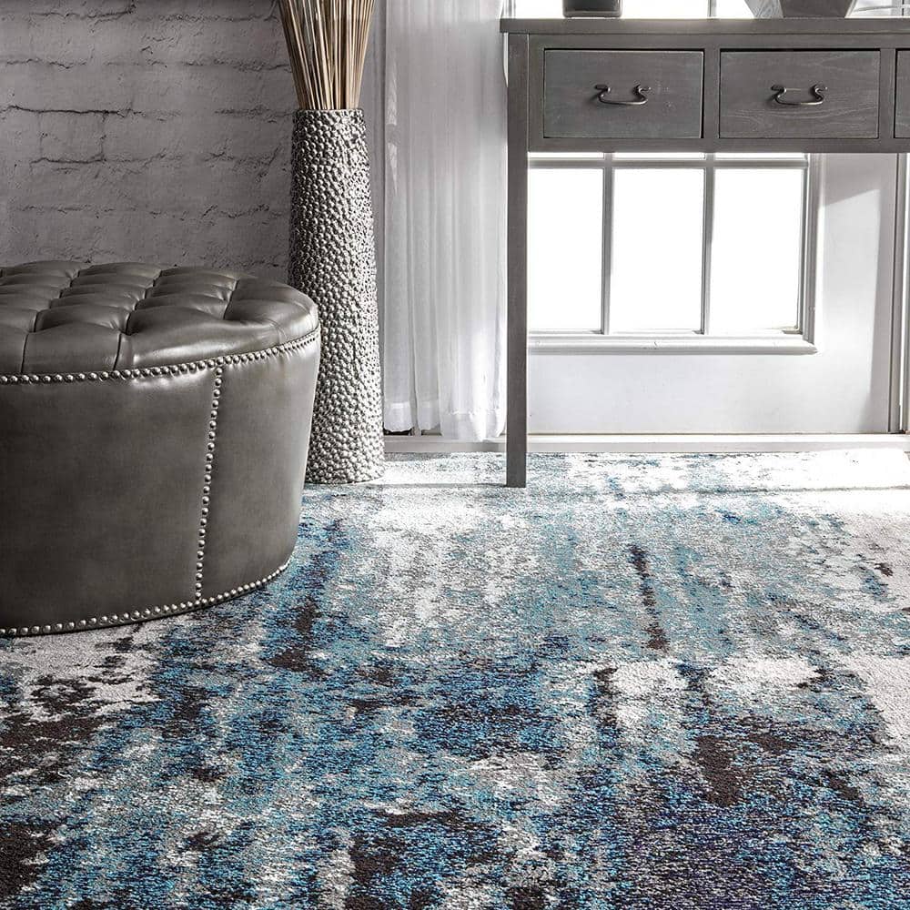 Haydee Blue and Gray Abstract Round Synthetic Area Rug, 5'0"