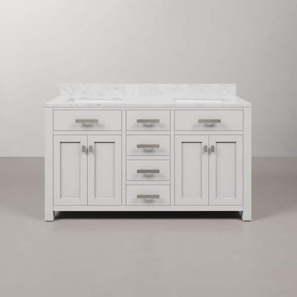 Madison 60 in. W x 21.5 in. D x 34 in. H Double Sink Bath Vanity in Pure White with Carrara White Marble Top