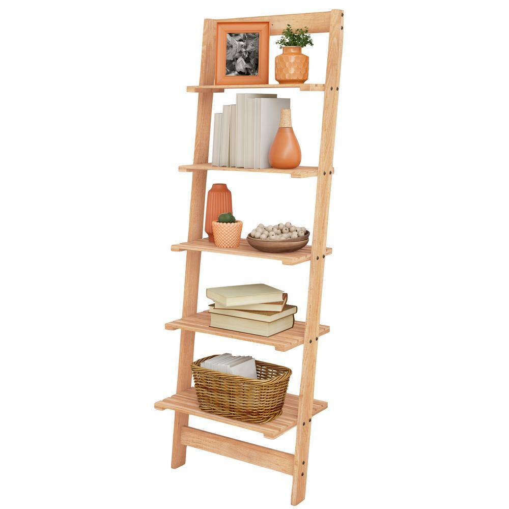 Oak 5-Tier Leaning Ladder Bookshelf for Home Decor