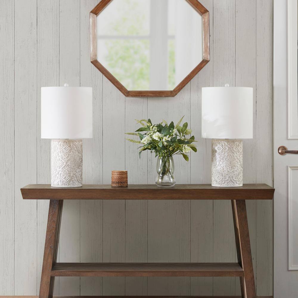 Ivory Floral Embossed Resin Cylinder Table Lamp with 3-Way Switch