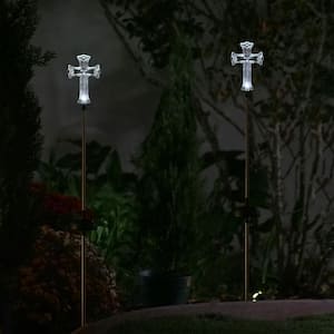 34 in. Tall Outdoor Solar Powered Cross Clear LED Path Light Stakes (Set of 2)