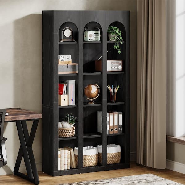 Jannelly 71 in. Tall Modern Black Engineered Wood 5-Shelf Bookcase, Arched Bookshelf Display Shelves for Home Office