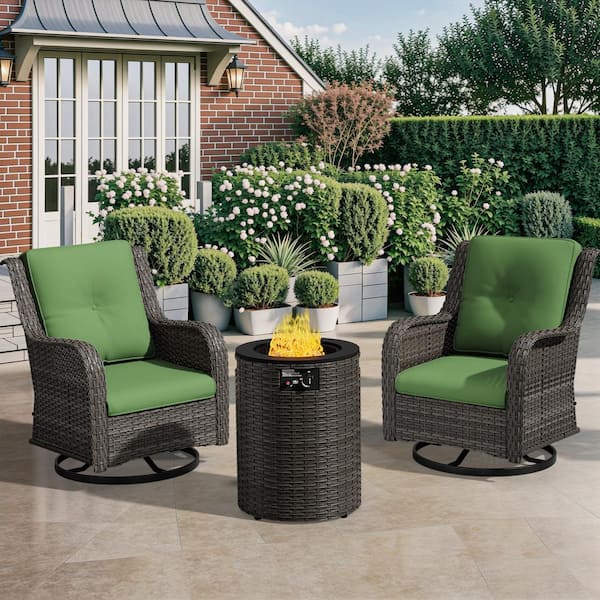 Gardenbee 3-Piece Wicker Patio Conversation Set Swivel Rocking Chairs with Green Cushions and Round Fire Pit Table