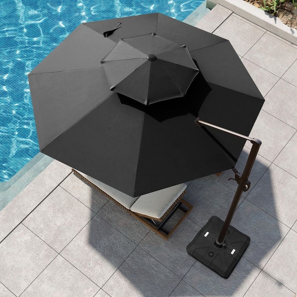 Pellebant 11 ft. Round Aluminum Double Top Cantilever Offset Outdoor Patio Umbrella in Black with 260 lbs. Fillable Base