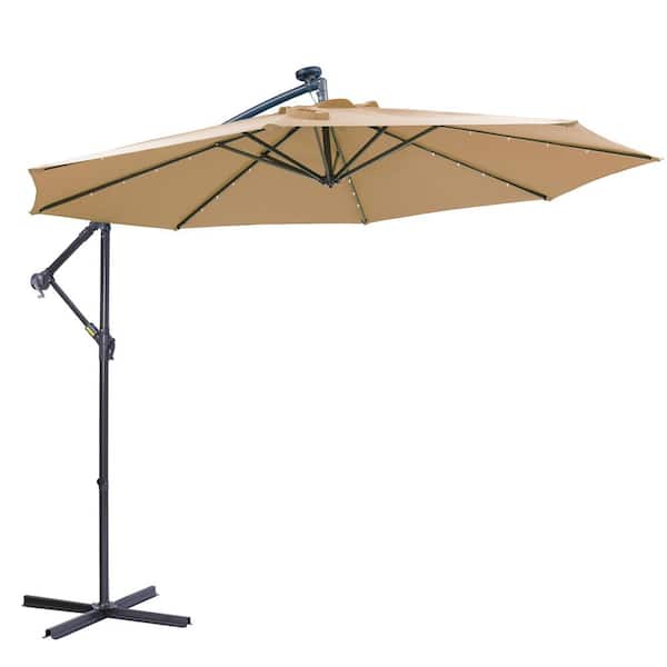 Sudzendf 10 ft. Market Solar LED Lighted Patio Umbrella in Taupe with Crank, 32 LED Lights and Cross Base