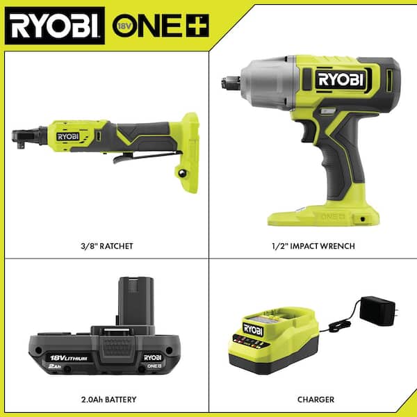 ONE+ 18V Cordless 2-Tool Combo Kit with 1/2 in. Impact Wrench, 3/8 in. 4-Position Ratchet, 2.0 Ah Battery and Charger