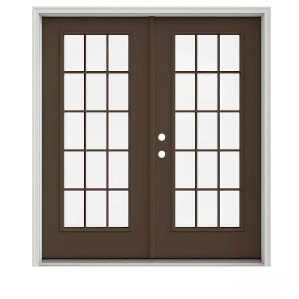 JELD-WEN 72 in. x 80 in. Dark Chocolate Painted Steel Right-Hand Inswing 15 Lite Glass Stationary/Active Patio Door