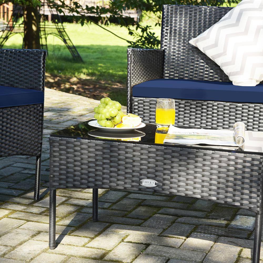 Navy 4-Piece Rattan Outdoor Patio Sofa Set with Cushions and Glass Table