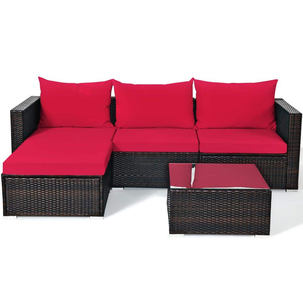 Costway Outdoor 5-Piece Metal Wicker Outdoor Sectional Set with Red Cushion