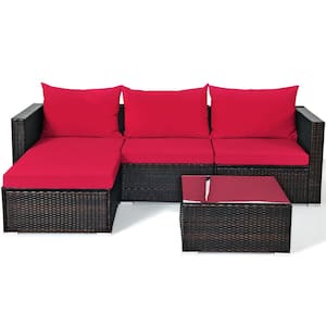 Outdoor 5-Piece Metal Wicker Outdoor Sectional Set with Red Cushion