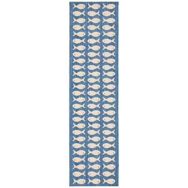 SAFAVIEH Courtyard Blue/Beige 2 ft. x 7 ft. Geometric Fish Indoor/Outdoor Patio  Runner Rug