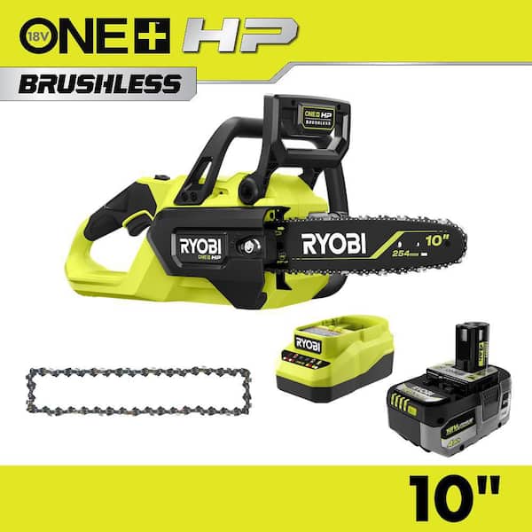 ONE+ HP 18V Brushless 10 in. Battery Chainsaw with Extra 10" Chain, 4.0 Ah Battery and Charger