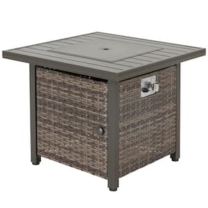 30 in. x 25 in. Square Rattan Propane Gas Brown Fire Pit Table with Lid and Glass Beads