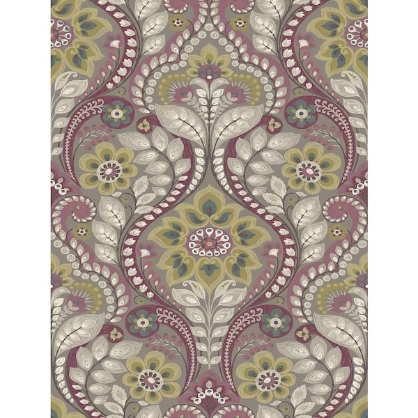 A-Street Prints Night Bloom Grey Damask Grey Wallpaper Sample