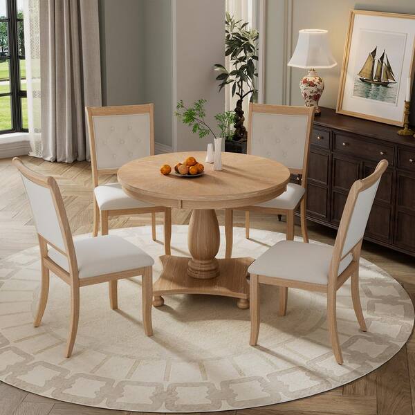 Nestfair Retro 5-Piece Round Natural Wood Wash MDF Top Dining Set with 4 Upholstered Chairs