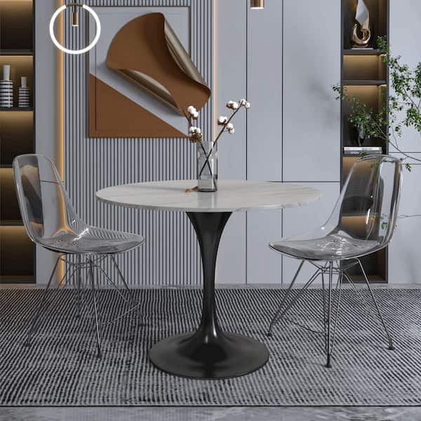 Leisuremod Verve Dining Table with a 36 in. Round Sintered Stone Tabletop and Black Steel Pedestal Base, White