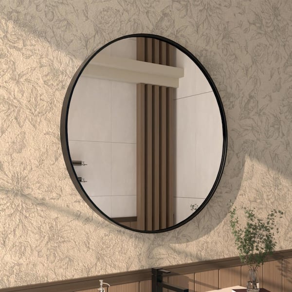 Tanx 32 in. W x 32 in. H Round Framed Wall Bathroom Vanity Mirror in matte Black