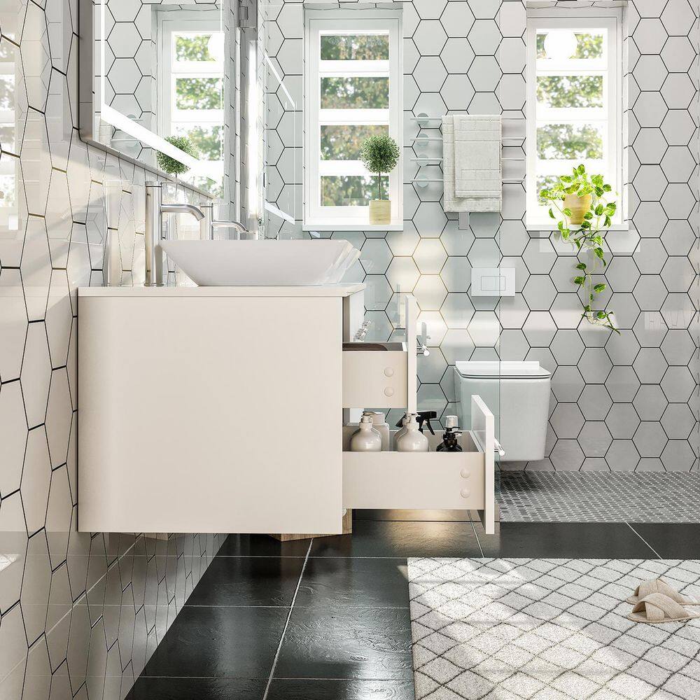 Wave 60" White Modern Double Sink Wall-Mount Bathroom Vanity