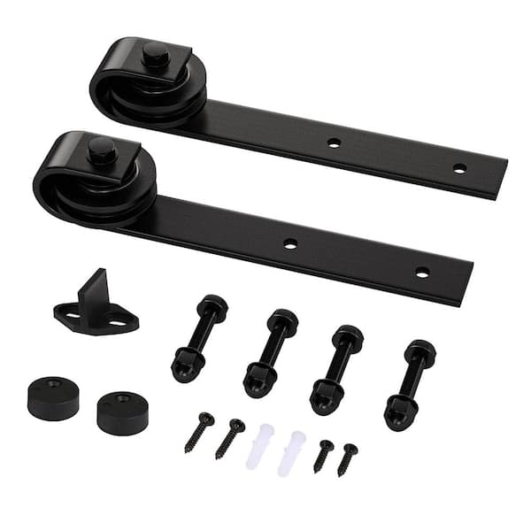 Movisa 6 ft./72 in. J-Shaped Sliding Single Barn Door Hardware Kit with Large Wheel Rollers, Matte Black