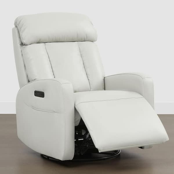 Hugo Grey Genuine Leather Glider Swivel Power Recliner with Adjustable Headrest and Lumbar,Charging Ports,Storage Pocket