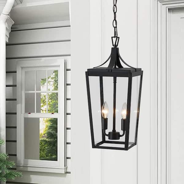 KAWOTI 19.5 in. 2-Light Sandy Black Hardwired Outdoor Lantern Pendant Light with Clear Glass