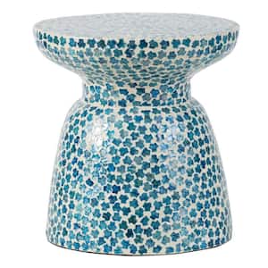 15 in. Blue and White Round Wood end table with Metal Frame