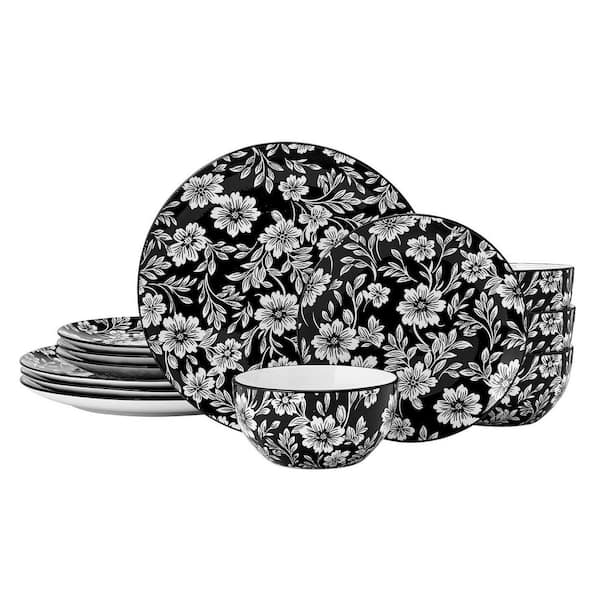 Midnight Blooms 12 Piece Floral Porcelain Dinnerware Set, Service for 4