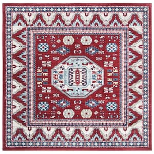 Kazak Red/Blue 7 ft. x 7 ft. Border Persian Oriental Square Area Rug