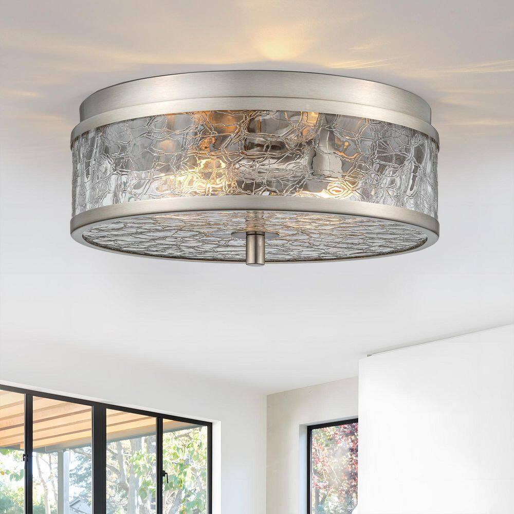 12 in. 2-Light Brushed Nickel Flush Mount Ceiling Light Fixture with Cracked Glass Shade price history on PriceWatchPro