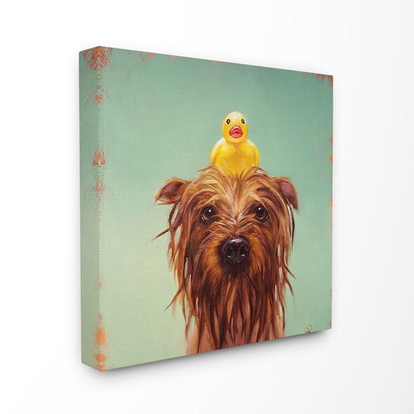 Stupell Industries 24 in. x 24 in. "Wet Dog with a Rubber Ducky Turquoise Bath Painting" by Lucia Heffernan Canvas Wall Art