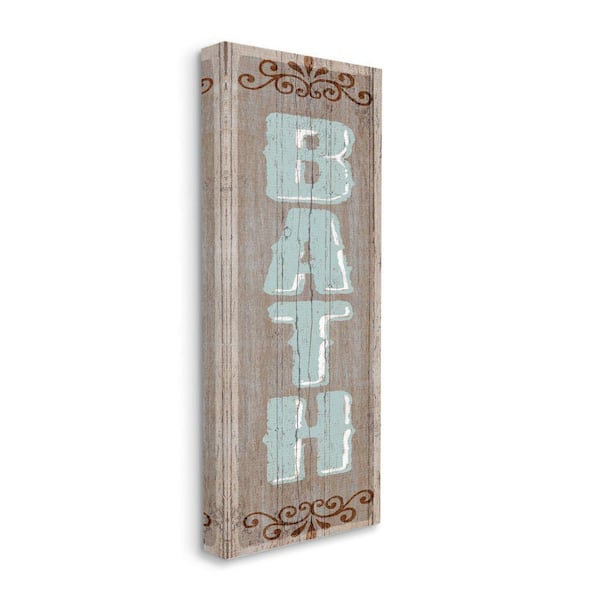 Stupell Industries Rustic Bath Sign Blue Brown Bathroom by Art Licensing Studio Unframed Print Abstract Wall Art 10 in. x 24 in.