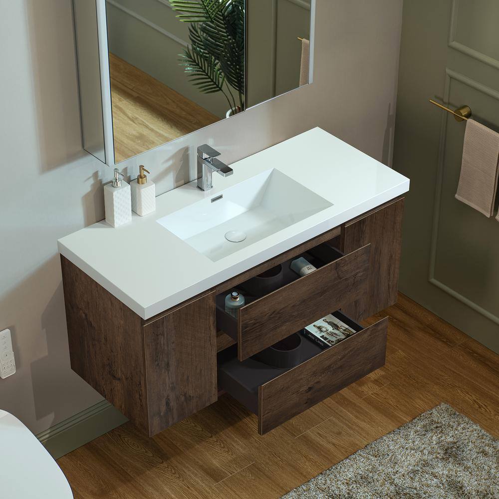 47" Rose Wood Floating Vanity with White Resin Top