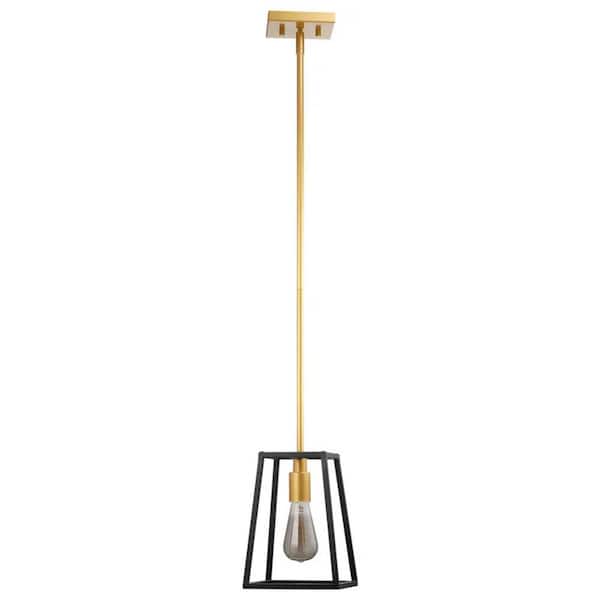 60-Watt 1-Light Black and Gold Unshaded Pendant Light with Rectangular Iron Frame, No Bulbs Included