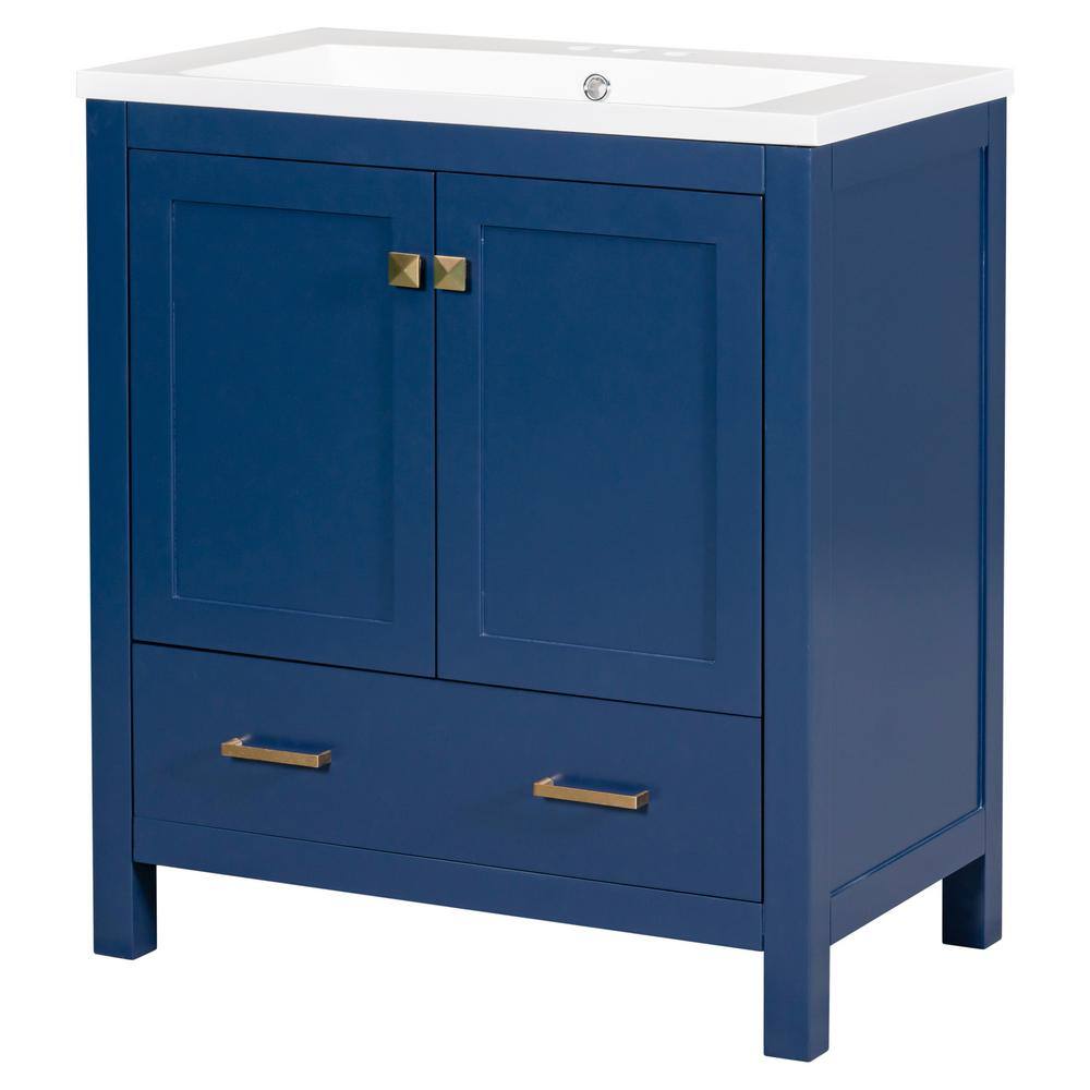 30 in. W x 18 in. D x 34 in. H Single Sink Freestanding Bath Vanity in Blue with White Resin Top, Versatile Storage