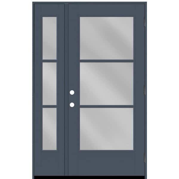 Steves & Sons Legacy 51 in. x 80 in. Icon 3-Lite Modern Clear Glass LHOS Dark Denim Mahogany Fiberglass Prehung Front Door 12 in. SL