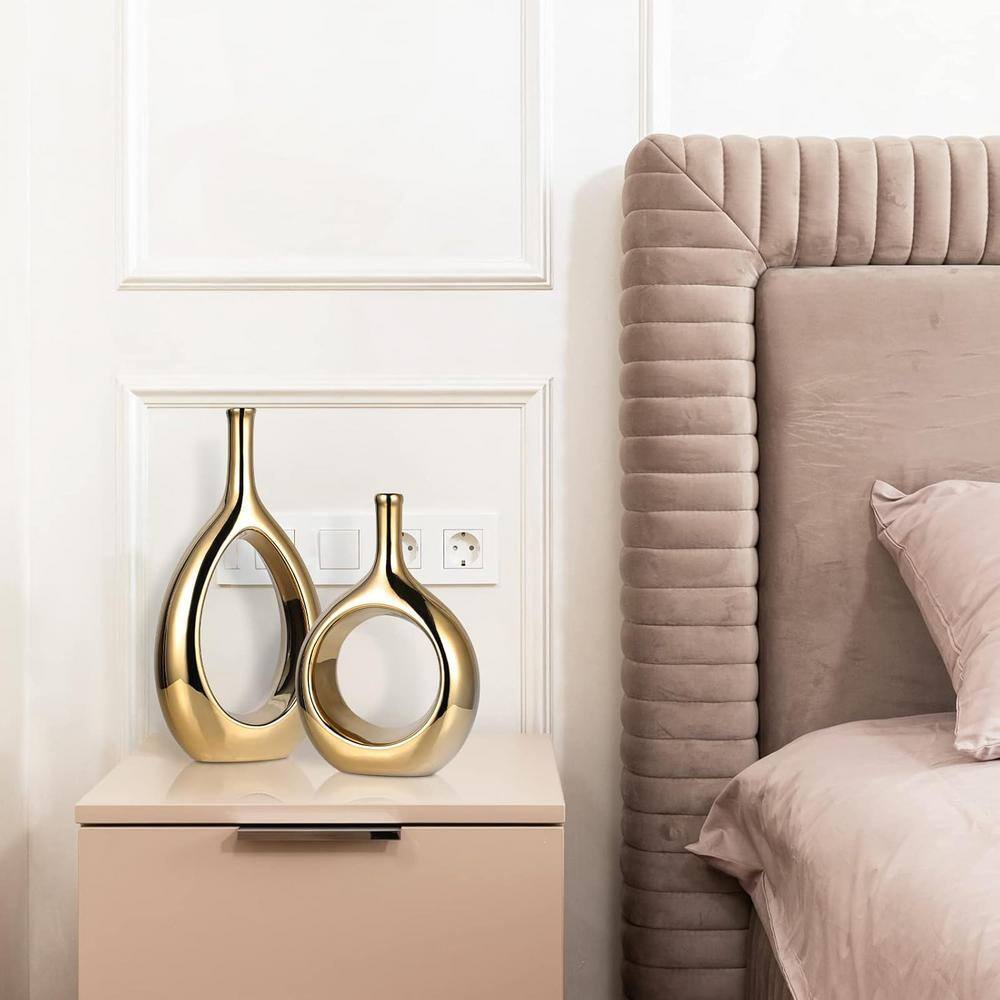 Glossy Gold Ceramic Ellipse Hollow Table Vase Set