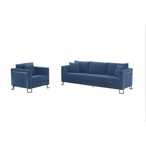 Armen Living Heritage 91 in. W 2-Piece Blue Fabric Upholstered Sofa and Chair Set