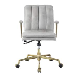 Damir Leather Adjustable Height, Cushioned, Swivel with Wheels Ergonomic Arm Chair in Vintage White and Chrome with Arms