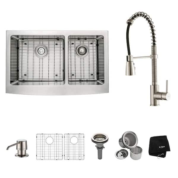 KRAUS All-in-One Farmhouse Apron Front Stainless Steel 33 in. Double Bowl Kitchen Sink with Faucet in Stainless Steel