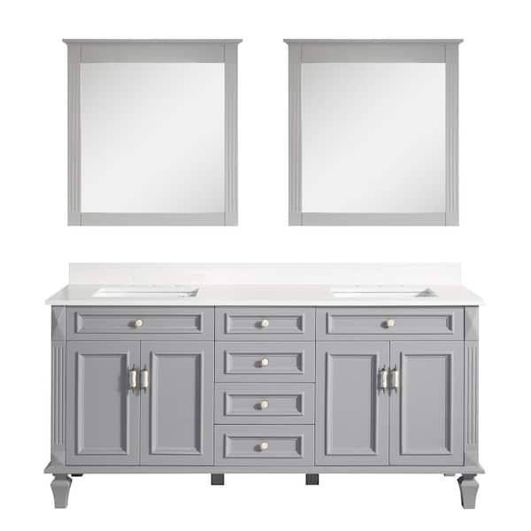 ANGELES HOME 72 in. W x 22 in. D x 35 in. H Double Sink Bath Vanity in Gray w/Stain-Resistant Quartz Top, Soft-Close Drawer, 2-Mirror
