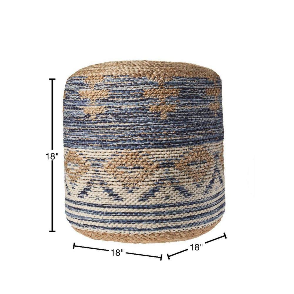 Natural Navy Jute Round Pouf with Geometric Pattern