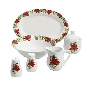 9 in. 24 fl. oz. Red Poinsettia Porcelain Serving Bowl (Set of 7)