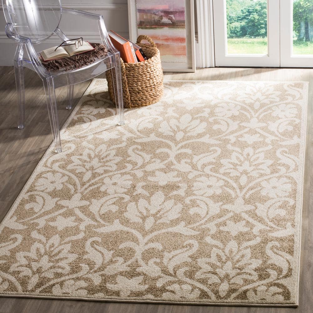Wheat and Beige Floral Synthetic 9' x 12' Area Rug