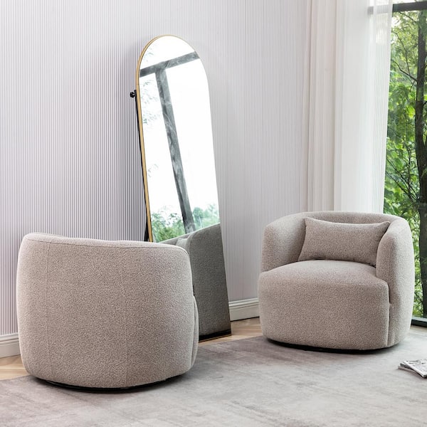 KINWELL Taupe Boucle Polyester Upholstered Swivel Barrel