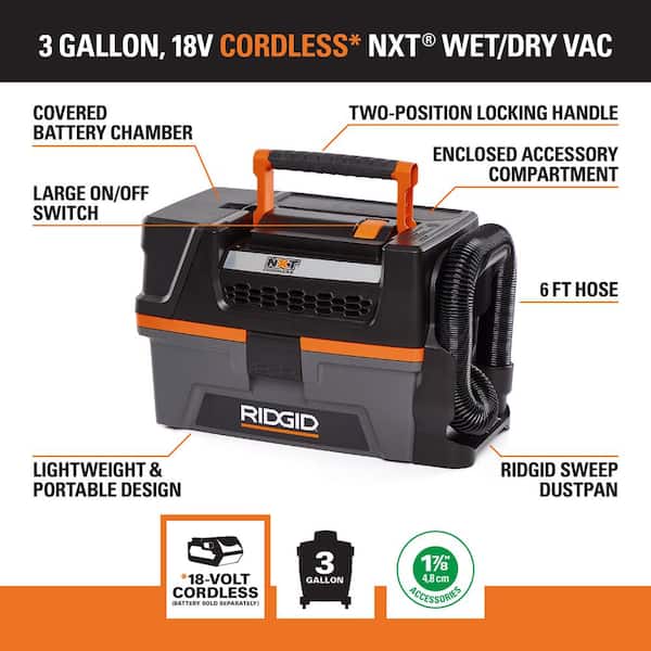 3 Gal. 18-Volt Cordless Handheld Wet/Dry Shop Vacuum (Tool Only) with Filter, Expandable Hose and Accessories 3 Gal. 18-Volt Cordless Handheld Wet/Dry Shop Vacuum (Tool Only) with Filter, Expandable Hose and Accessories